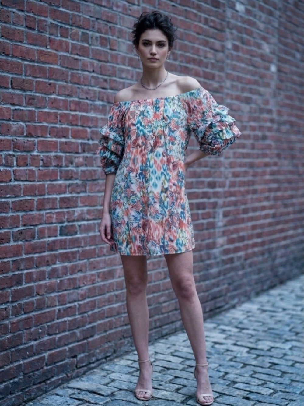 Off-Shoulder Floral Mini Dress in Coral and Teal